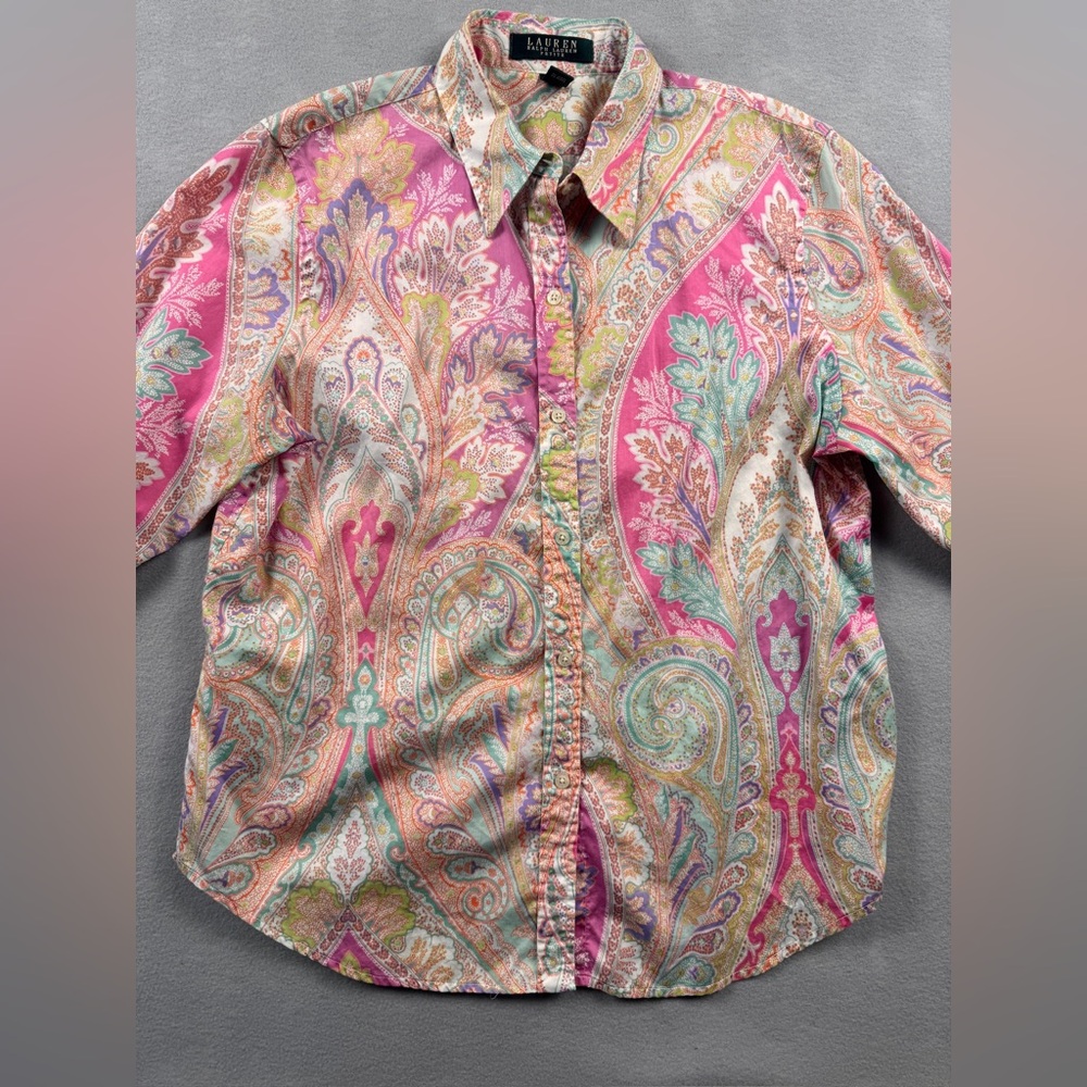 Lauren Ralph Lauren Women PL Shirt Button Up Paisley 3/4 Sleeve Western Spring